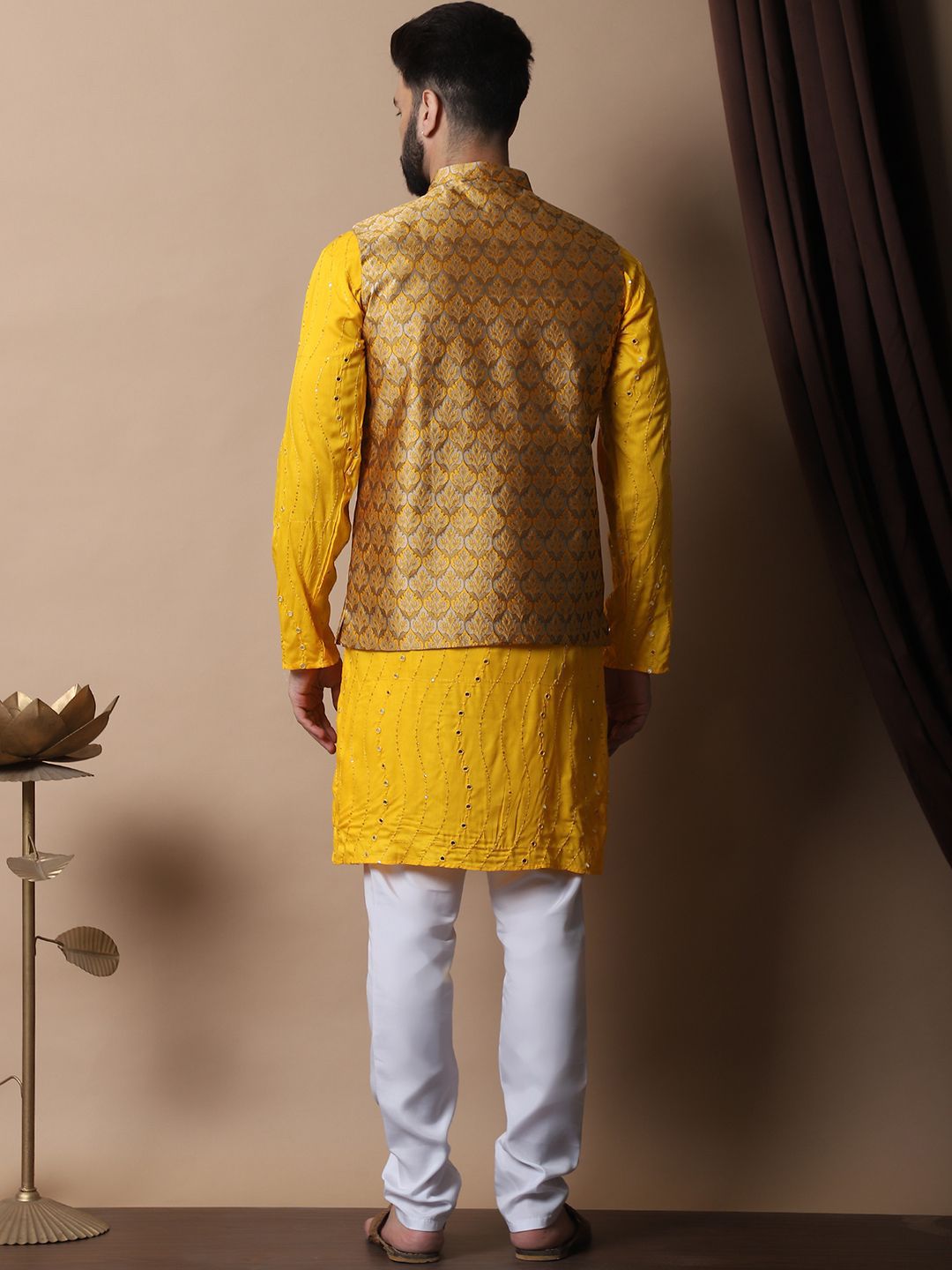 Anouk White Leheriya Embroidered Sequinned Pure Cotton Kurta with Churidar & Nehru Jacket