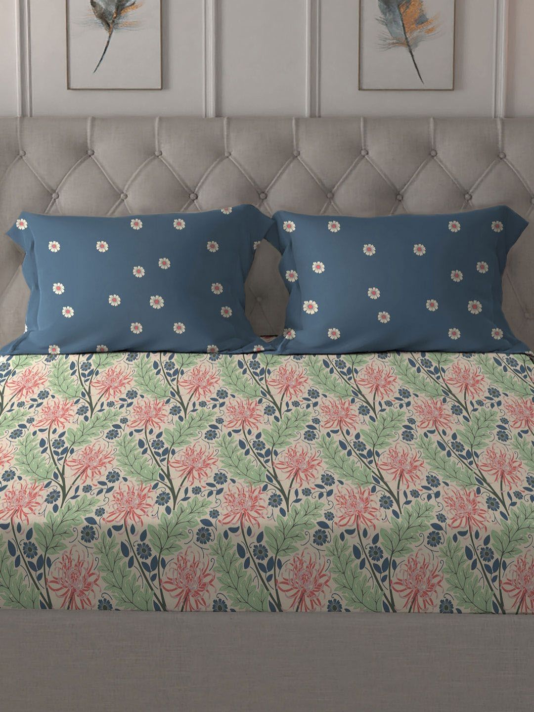 MYTRIDENT Serene Blue Comfort Living Flat 120TC Queen Cotton 1 Bedsheet & 2 Pillow Covers
