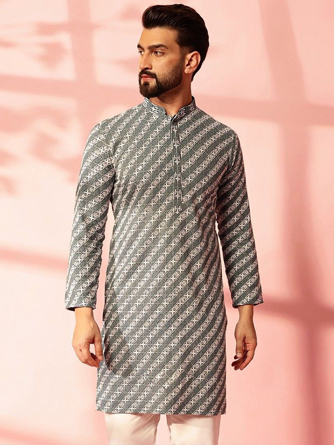 Anouk Geometrik Benang Sulam Kerja Kapas Kurta Lurus