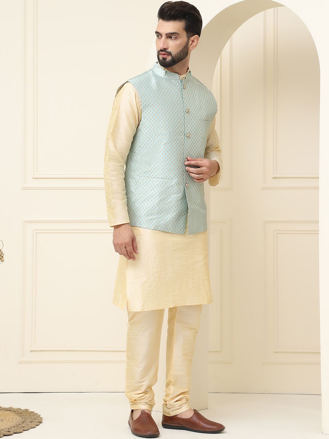 SOJANYA Mandarin Collar Silk Cotton Kurta With Churidar & Woven Design Nehru Jacket