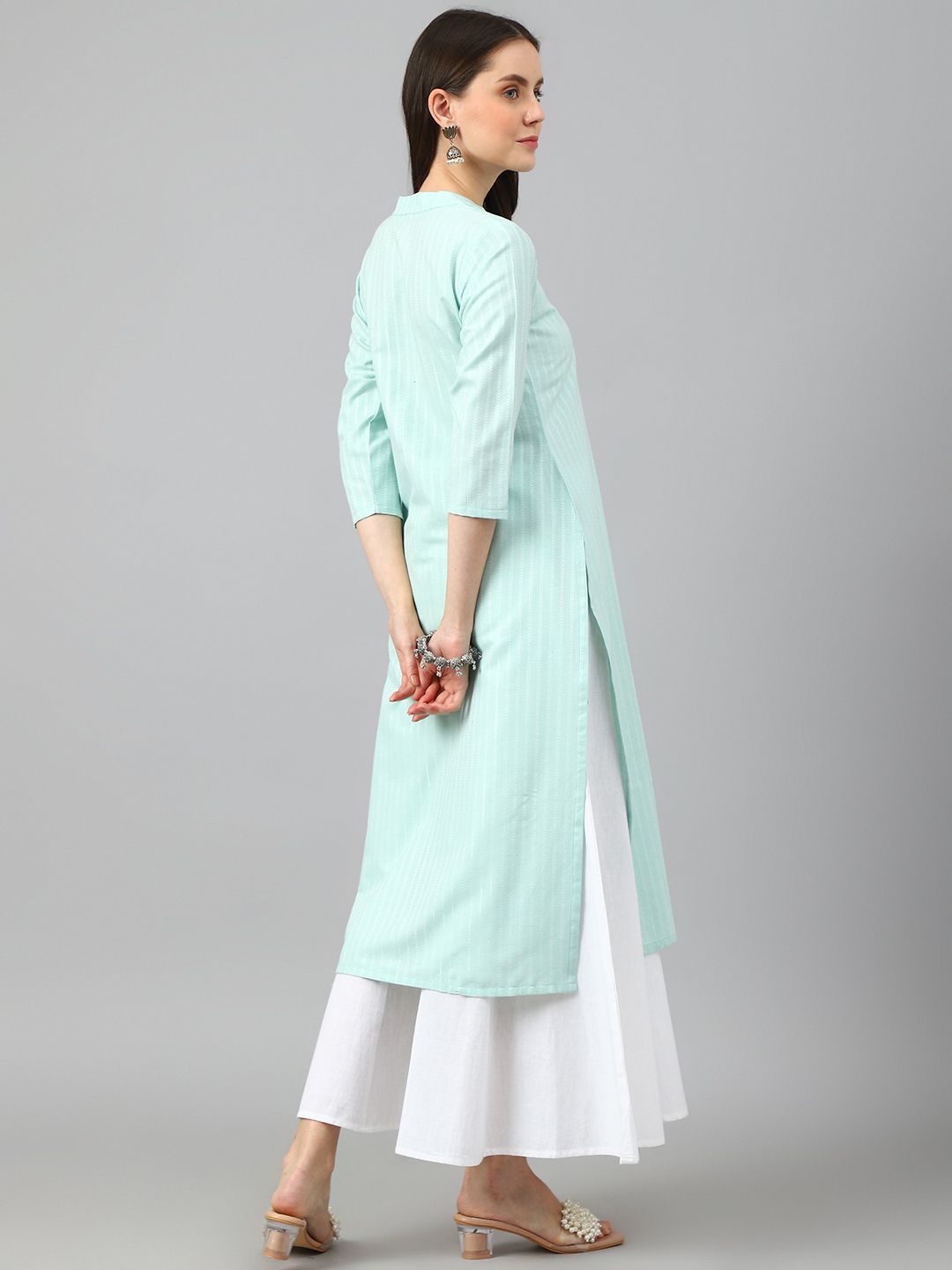 KALINI Striped Woven Design Mandarin Collar Three-Quarter Sleeves Straight Kurta