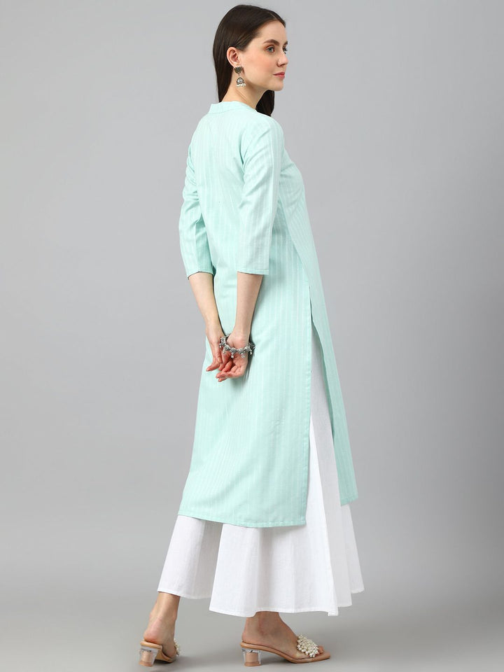 KALINI Striped Woven Design Mandarin Collar Three-Quarter Sleeves Straight Kurta