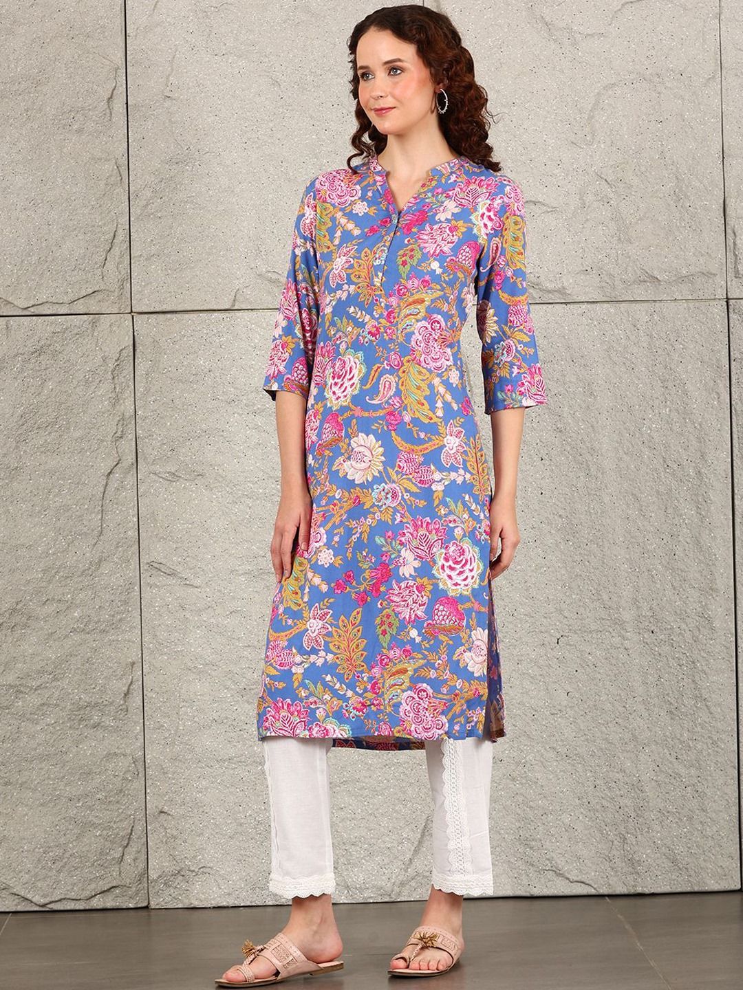 W Women Floral Printed Flared Sleeves Sequinned Kurta