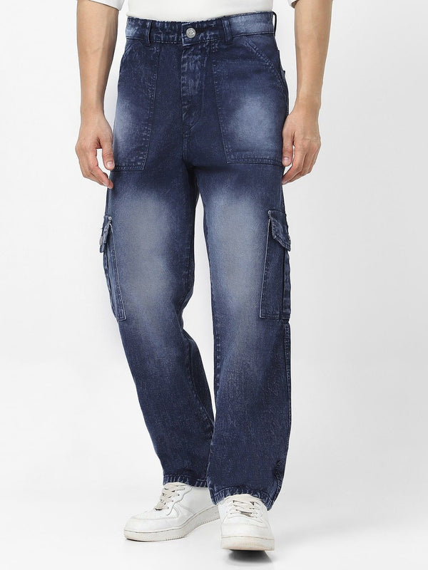 Urbano Fashion Men Navy Loose Fit Cargo Jeans With 6 Pockets Non-Stretchable