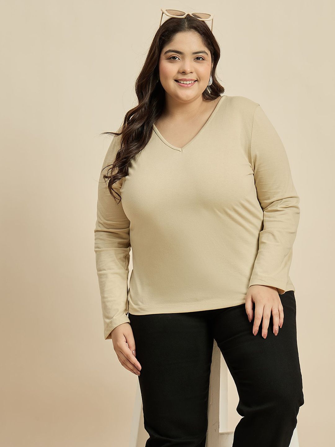CURVY STREET Women Solid V-Neck Cotton Plus Size T-shirt