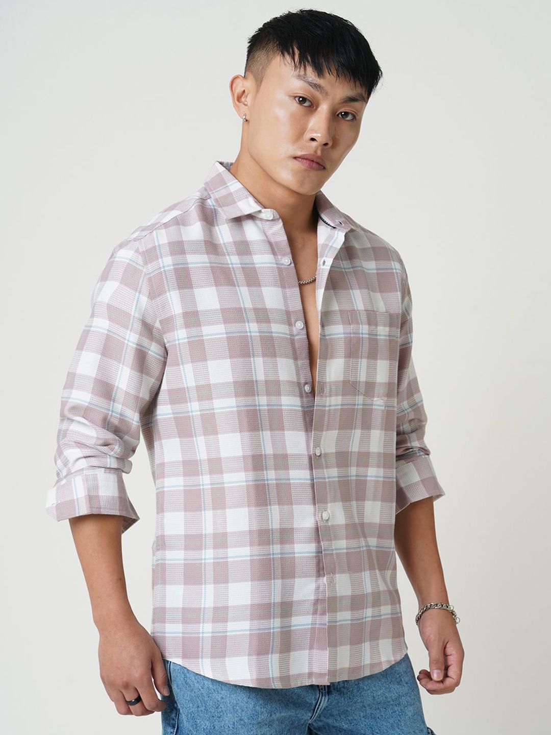 VASTRADO Men Classic Spread Collar Checked Cotton Slim Fit Casual Shirt