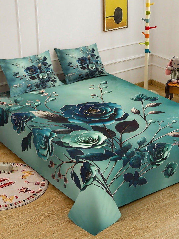 KLOTTHE Green Floral Printed Flat 300 TC Super King Cadar Dengan 2 Sarung Bantal
