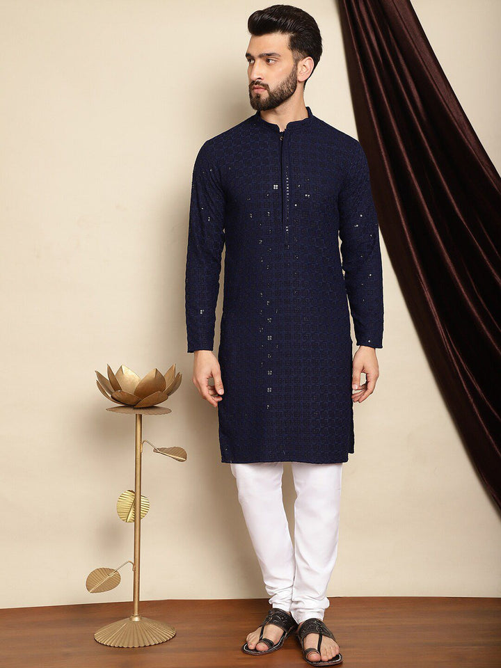 Anouk Embroidered Sequinned Mandarin Collar Pure Cotton Kurta With Churidar