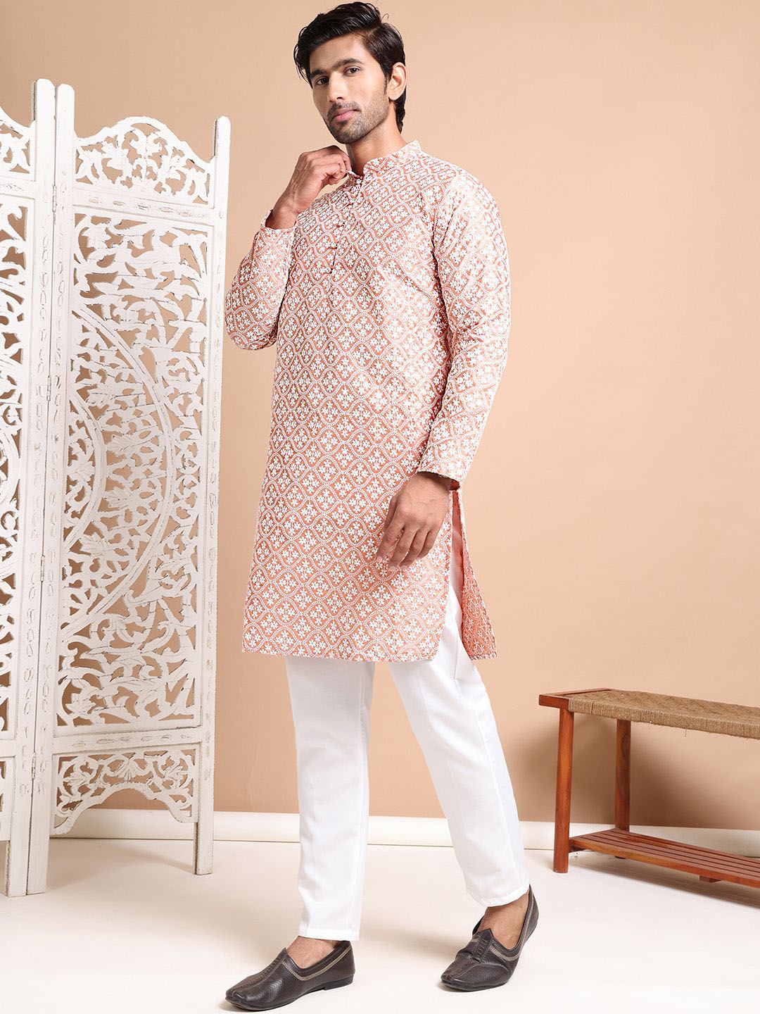 Anouk Men Ethnic Motifs Embroidered Regular Chikankari Kurta with Pyjamas