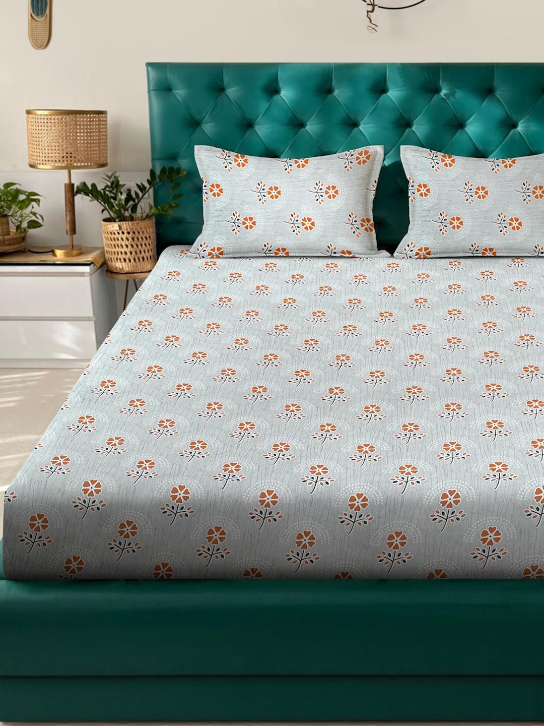 KLOTTHE Grey Floral Printed Fitted 400 TC Cotton King Bedsheet & 2 Pillow Covers