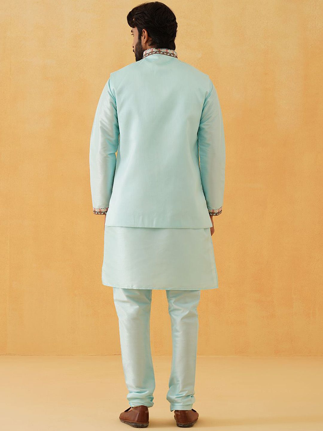SOJANYA LUXE Thread Work Silk Cotton Straight Kurta with Churidar & Nehru Jacket
