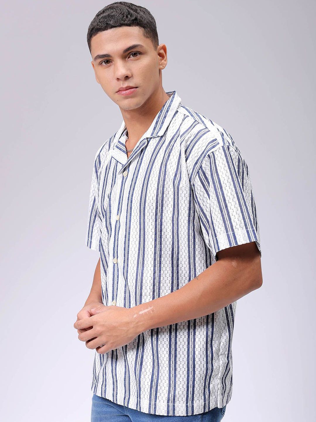 The Indian Garage Co Men Relaxed Fit Striped Textured Resortwear Shirt