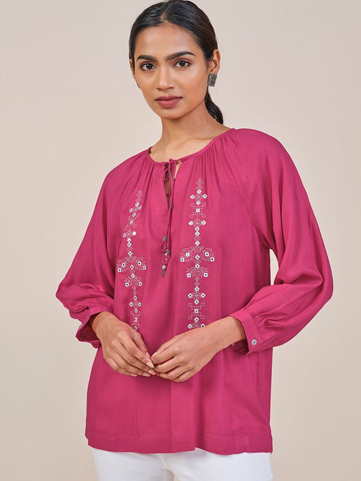 Global Desi Women Embellished Tie-Up Neck Regular Top