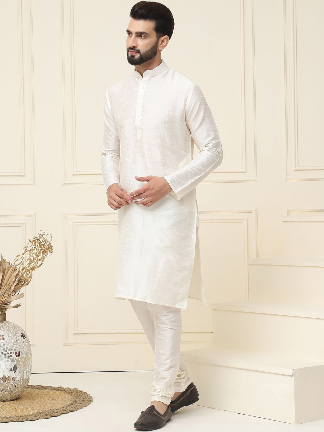 SOJANYA Mandarin Collar Silk Cotton Straight Kurta with Churidar & Nehru jacket