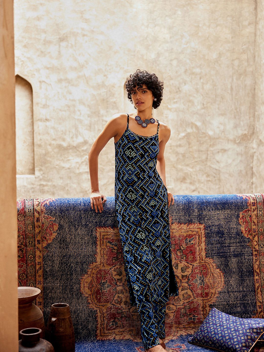 Global Desi Printed Shoulder Straps Kurta with Trousers