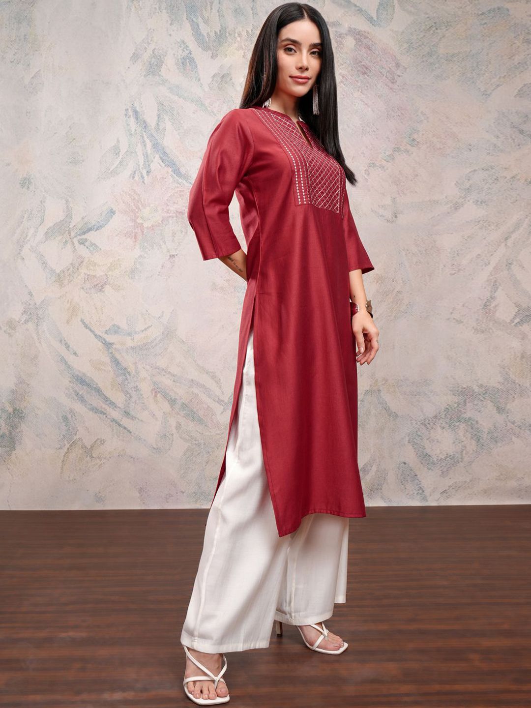 Vishudh Red Floral Woven Design Three-Quarter Sleeves Zari Kurta