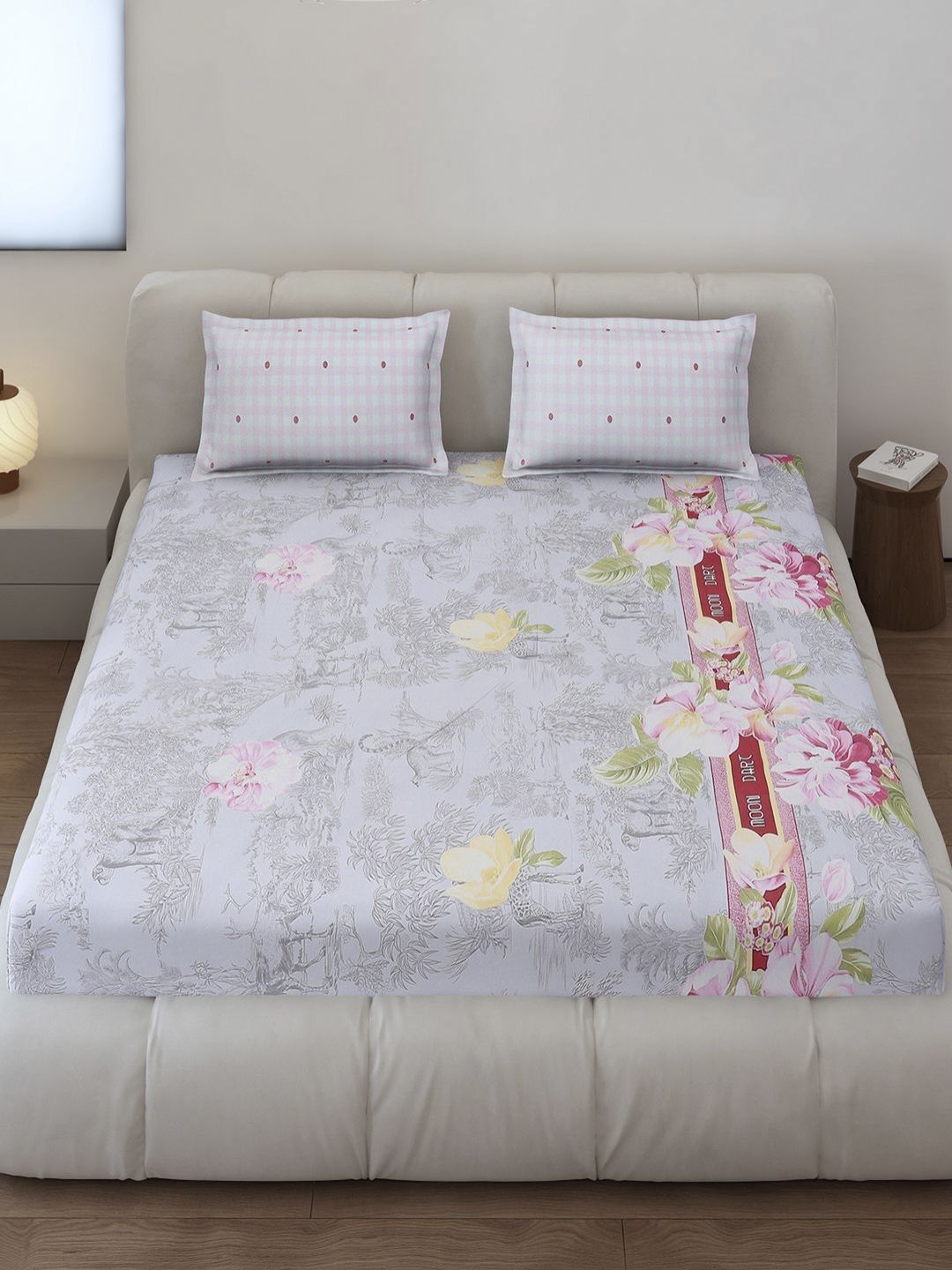 Monte Carlo Edmond Grey & Pink Floral Printed 144 TC King Bedsheet Set 2.70 m x 2.70 m