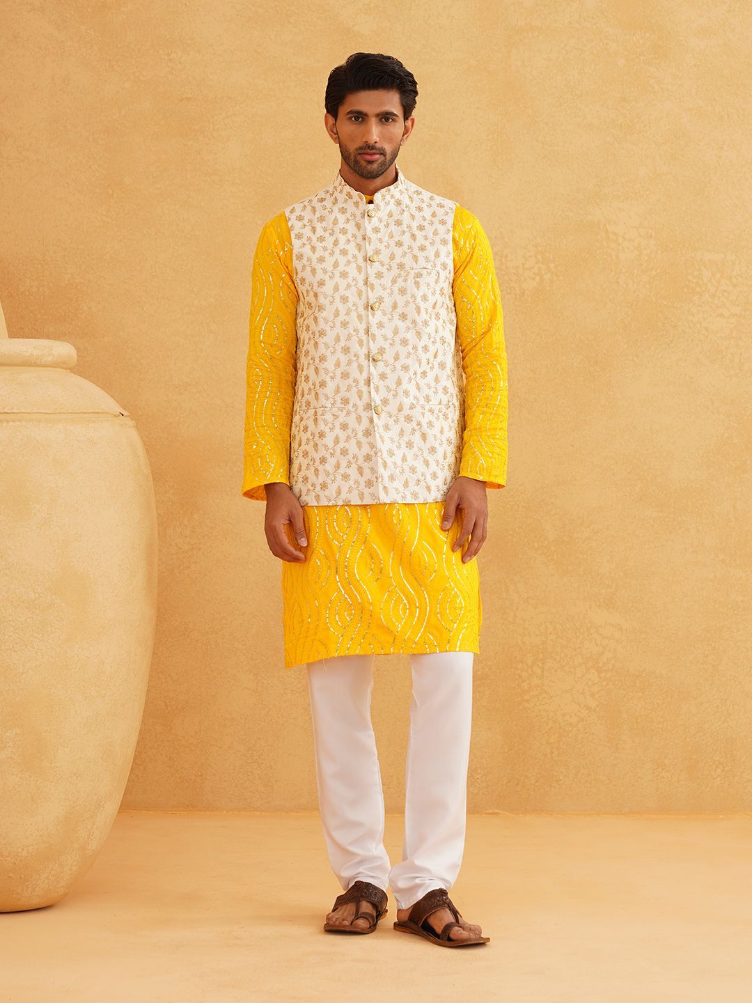SOJANYA Leheriya Sequinned Band Collar Pure Cotton Kurta With Churidar And Nehru Jacket