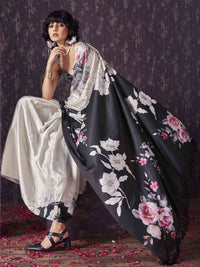 Tikhi Imli Floral Satin Fusion Black And White Saree