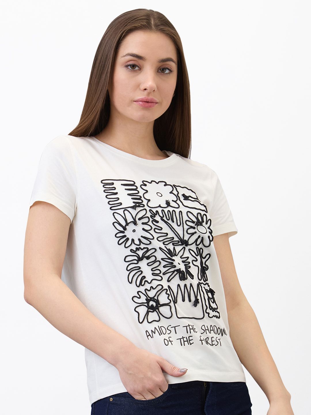 SPYKAR Women Regular Fit Floral Printed Round Neck Cotton T-shirt