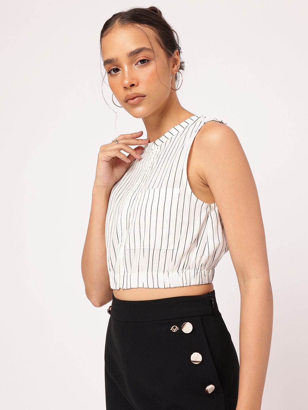 DressBerry Vacay Vest Striped Cotton Linen Blouson Crop Top
