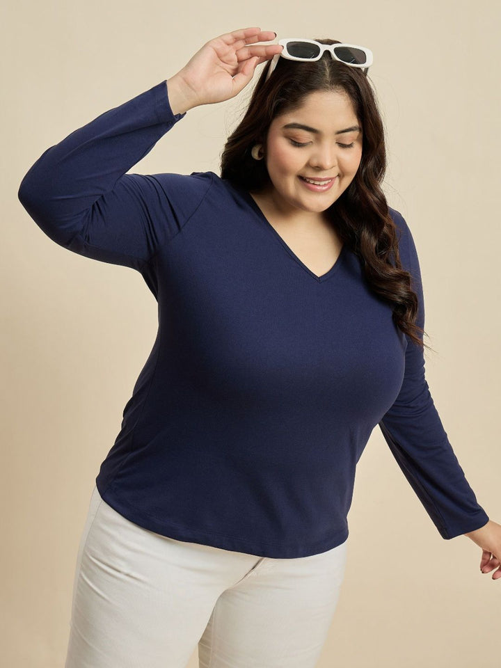 CURVY STREET Women Solid V-Neck Cotton Plus Size T-shirt