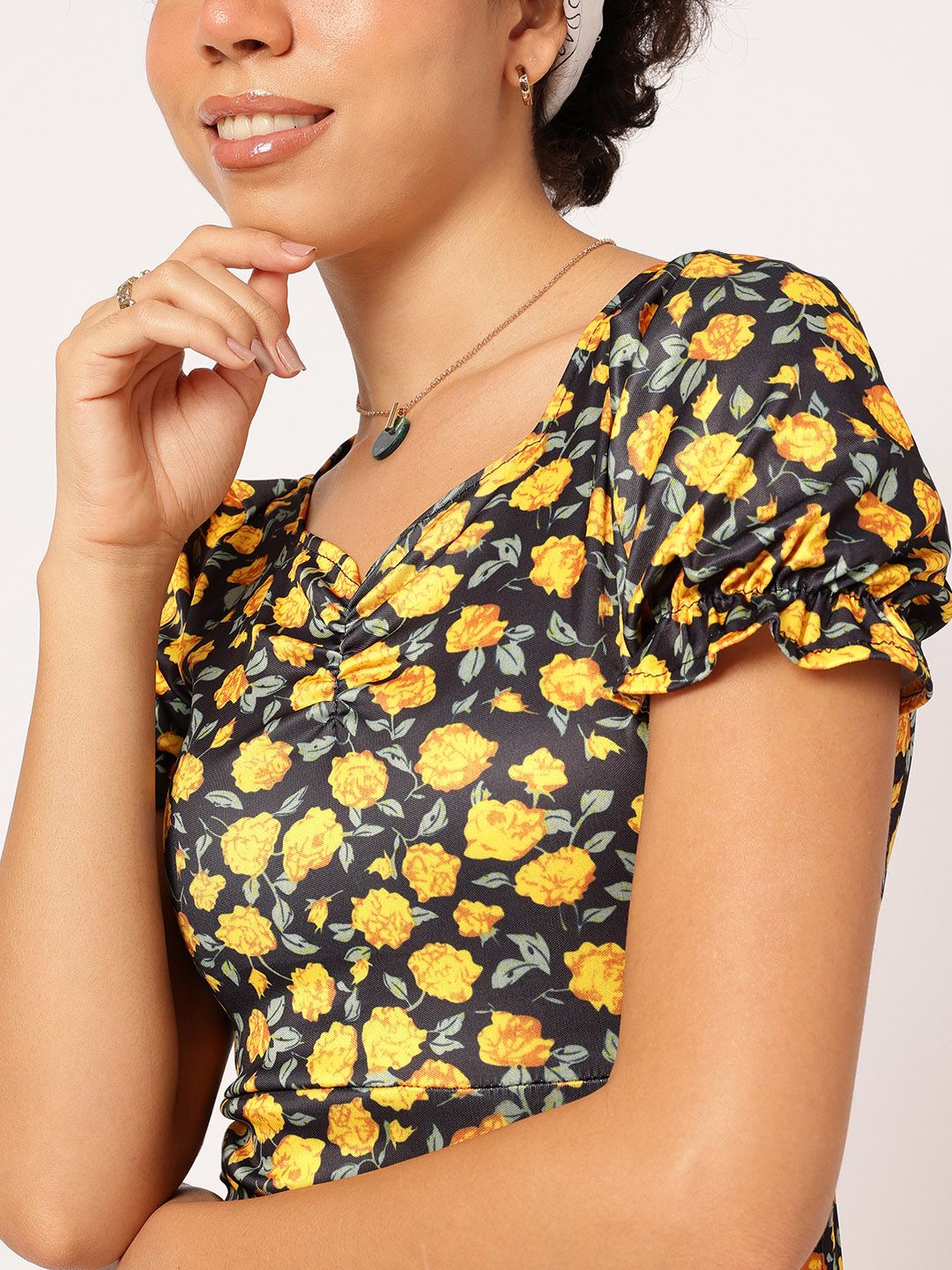 DressBerry Sunshine Serenade Floral Femme Puff Sleeve A-Line Dress