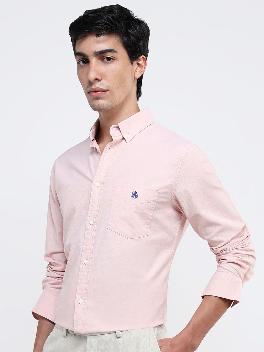 RARE RABBIT Men Comfort Button-Down Collar Solid Cotton Formal Shirt