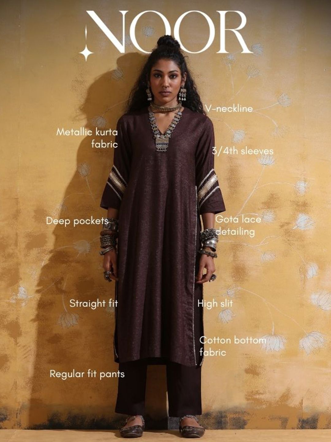 trueBrowns V-Neck High-Slit Gotta Patti Straight Kurta With Trouser