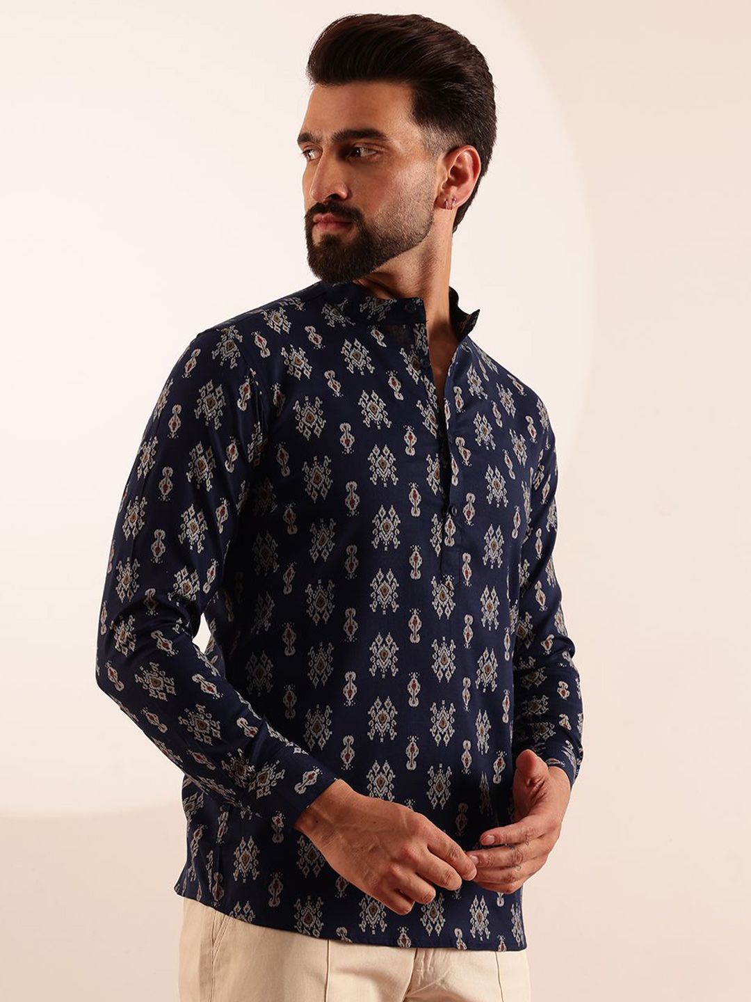 Anouk Lelaki Motif Etnik Bercetak Kolar Jalur Kapas Kurta