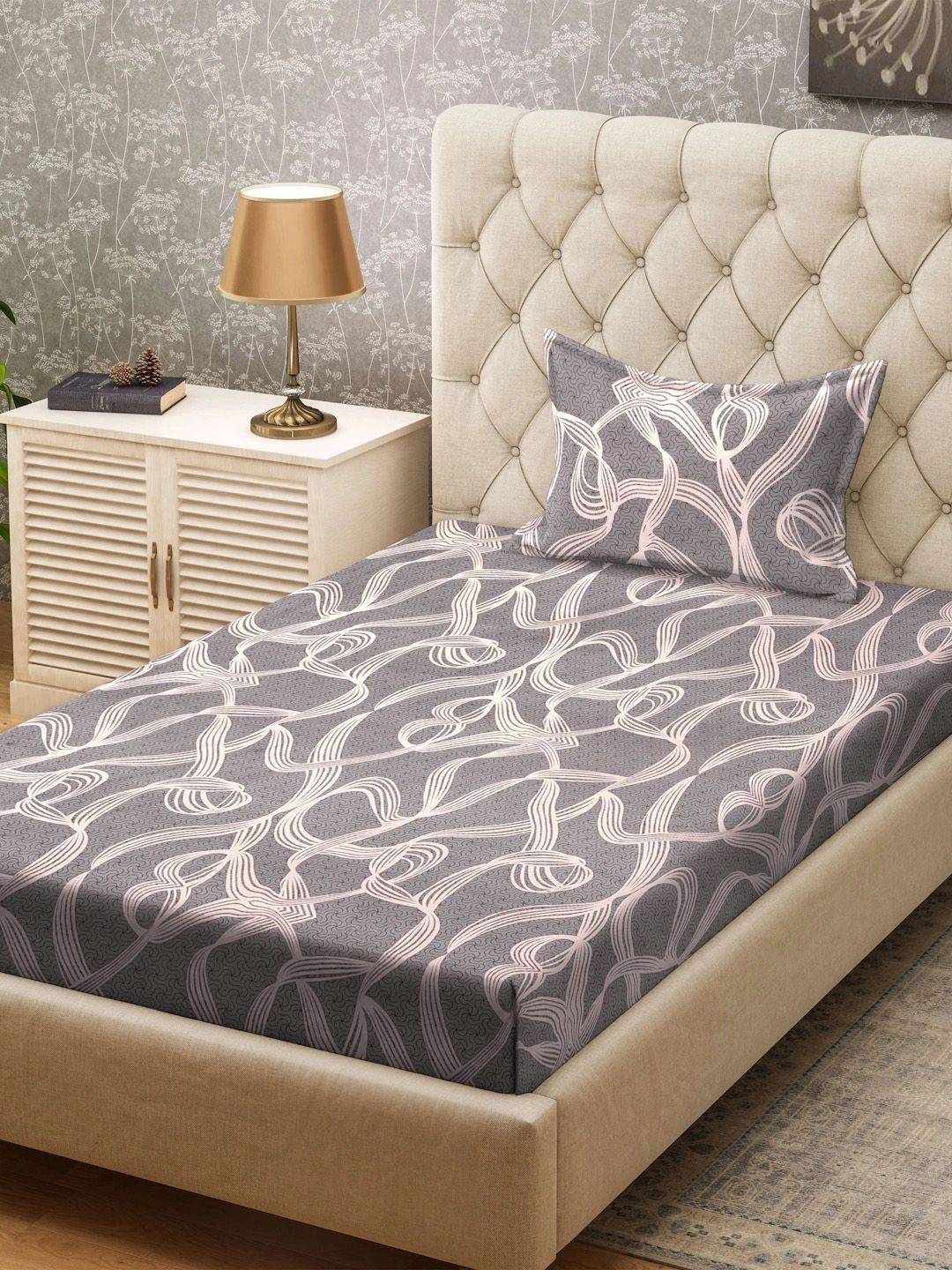 Myntra Elegant Homes Grey & White 300 TC Single Bedsheet with 1 Pillow Covers