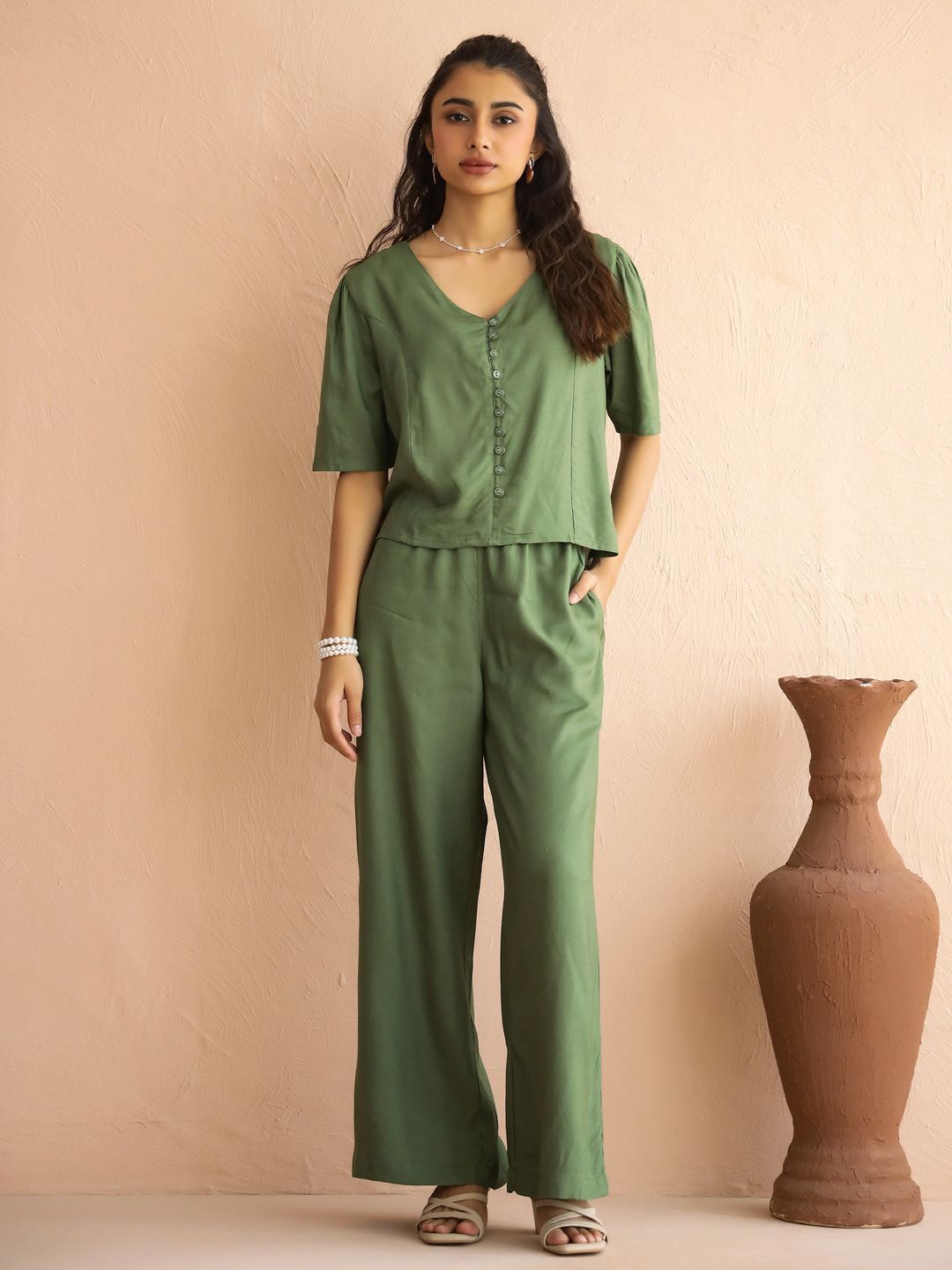 SANSKRUTIHOMES V-Neck Short Sleeve Top With Trouser Co-Ords