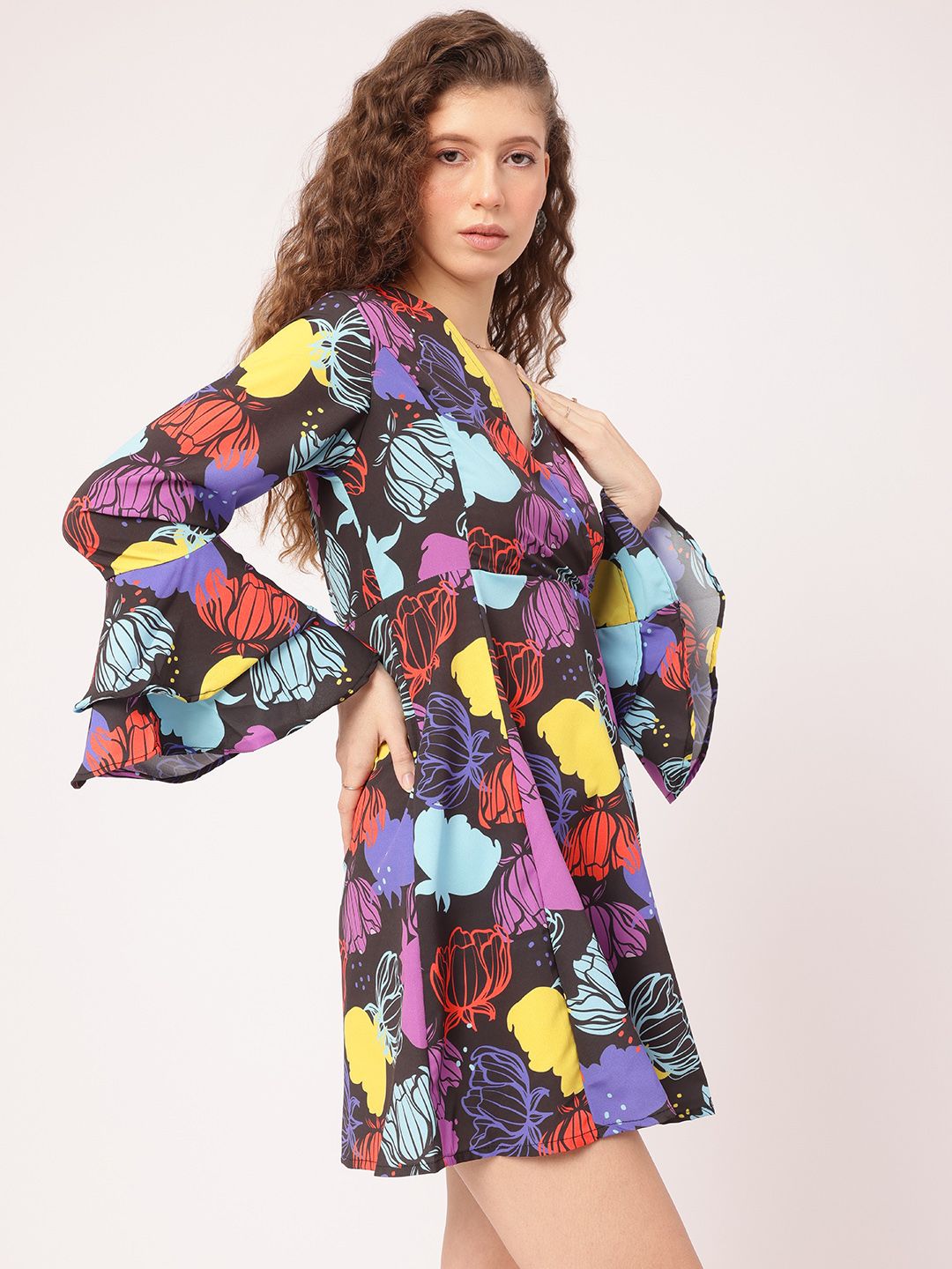 DressBerry Funky Florals Printed Bell Sleeve Mini A-line Dress