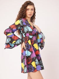 DressBerry Funky Florals Printed Bell Sleeve Mini A-line Dress