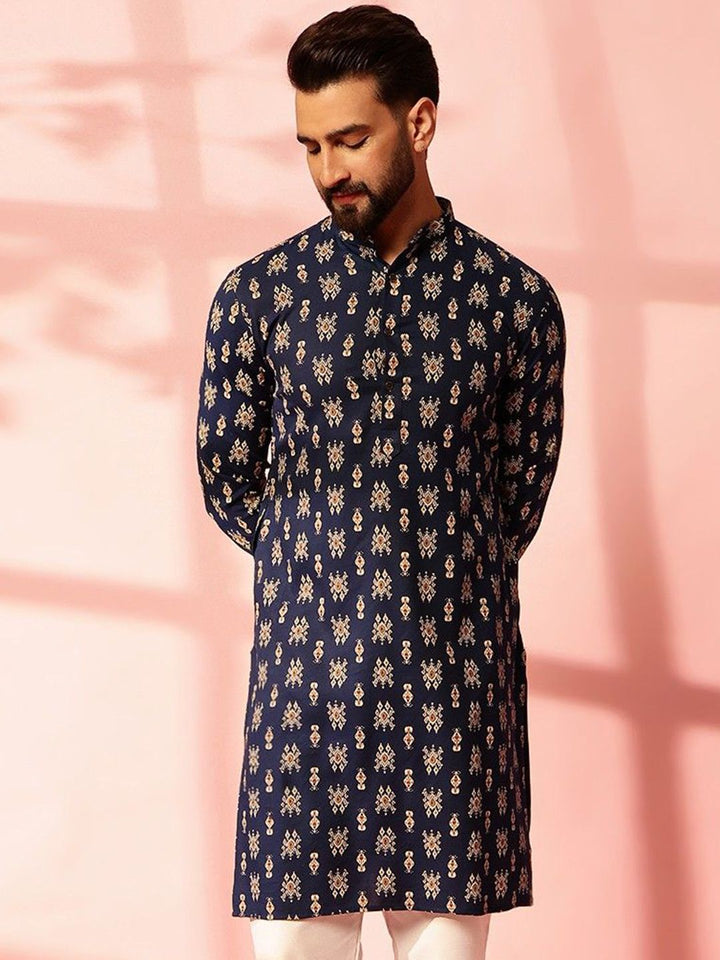 Anouk Ethnic Motifs Printed Band Collar Ikat Technique Cotton Linen Straight Kurta