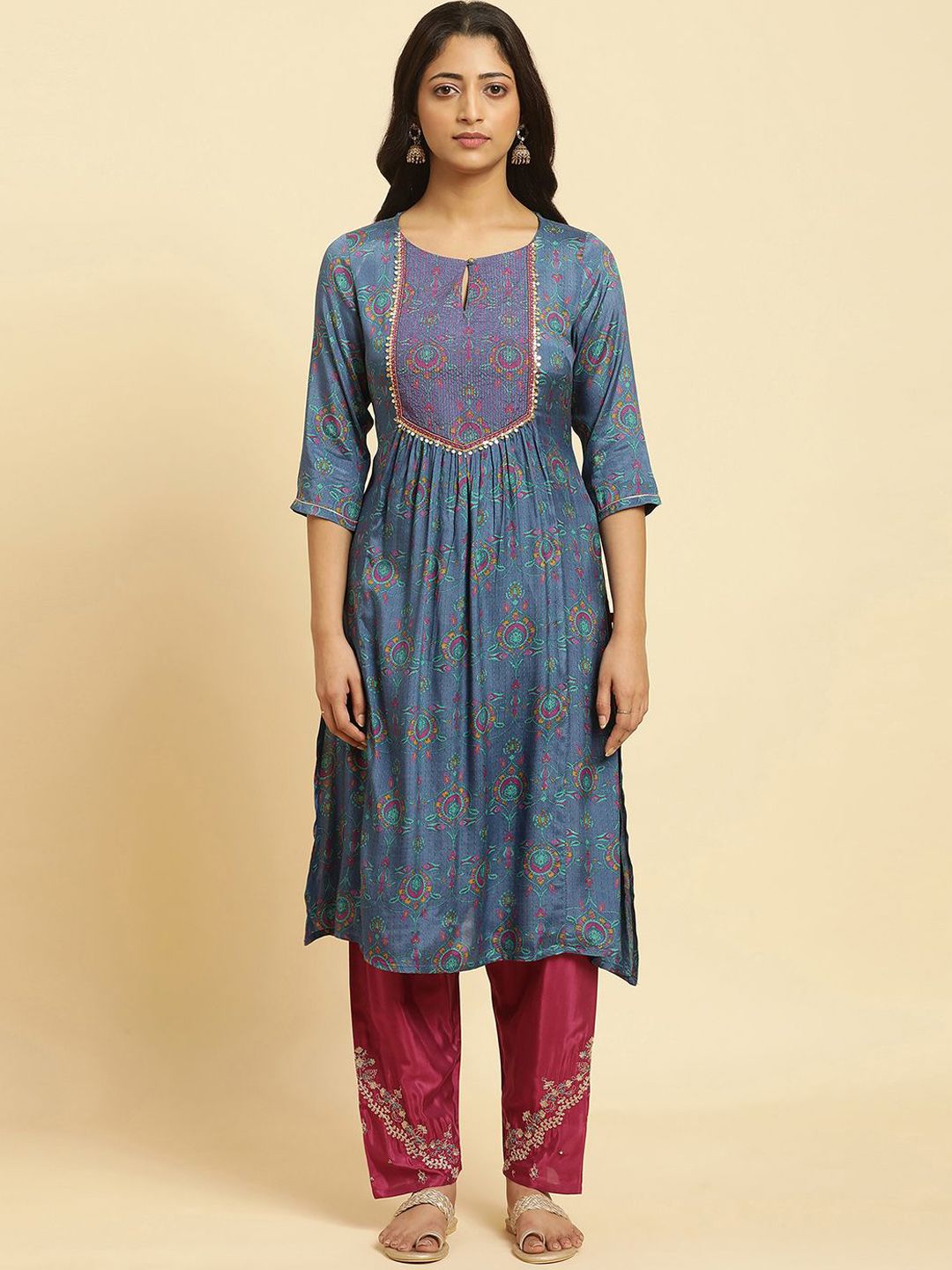 W Floral Printed Striped Keyhole Neck Straight Kurta