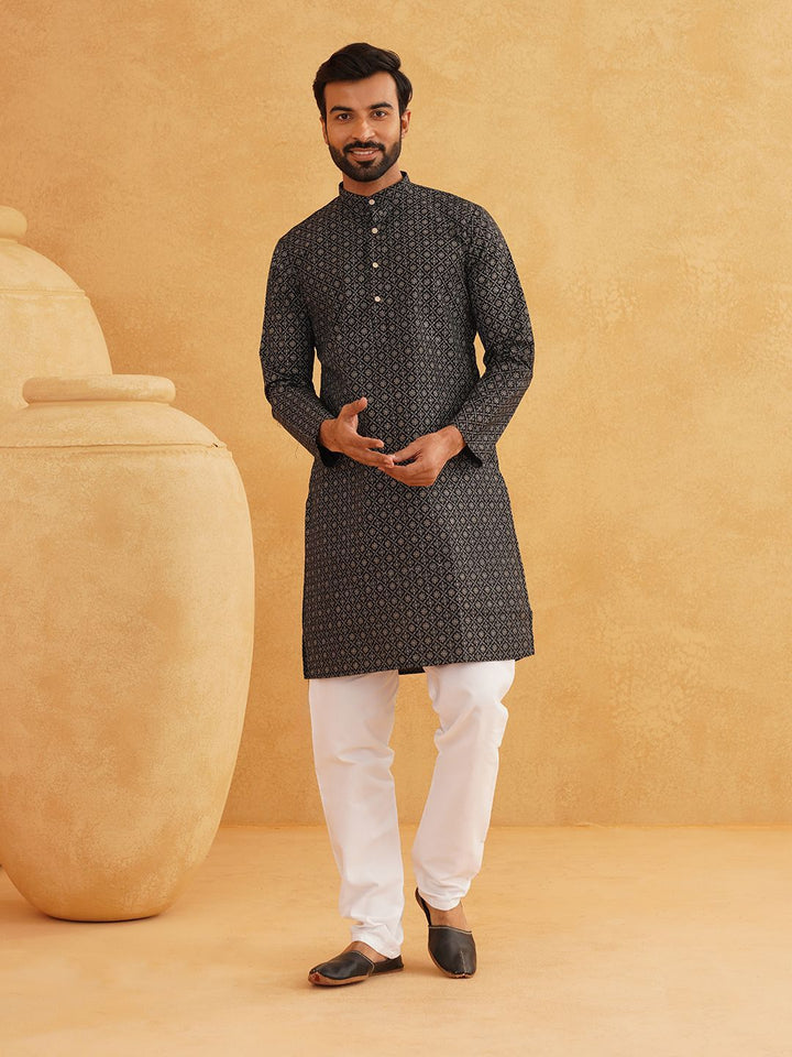 SOJANYA Floral Printed Band Collar Cotton Linen Kurta Lurus Dengan Churidar