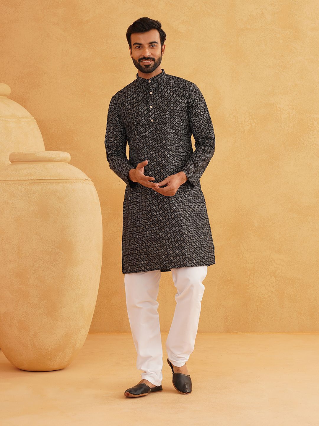 SOJANYA Floral Printed Band Collar Cotton Linen Kurta Lurus Dengan Churidar