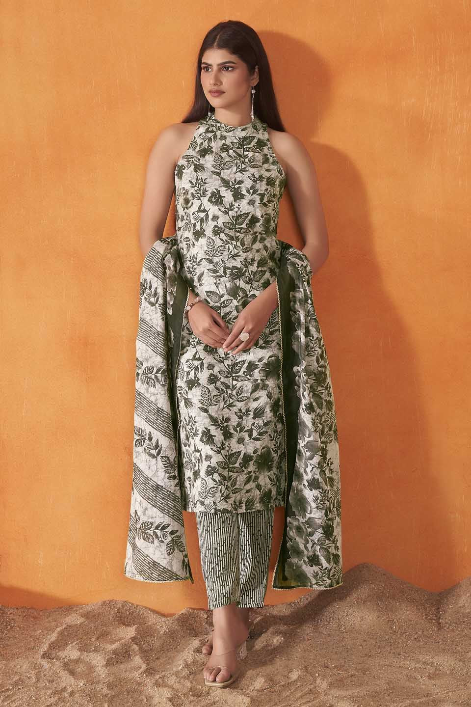 Anouk Floral Printed Round Neck Straight Kurta with Trousers And Dupatta