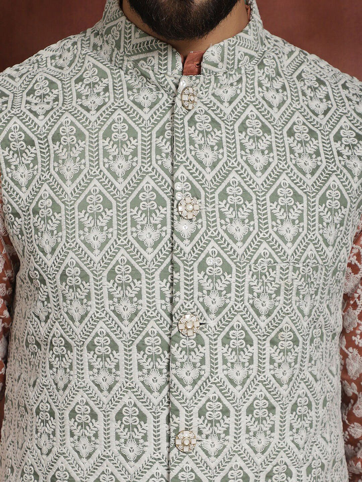 Anouk Floral Embroidered Regular Thread Work Kurta & Churidar With Nehru Jacket