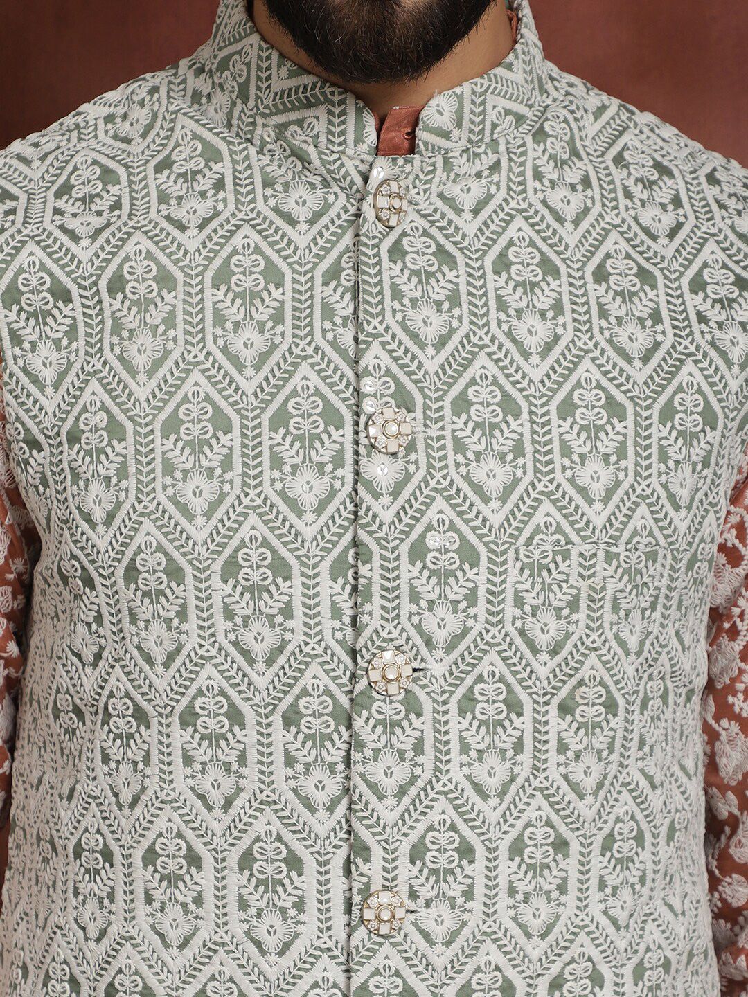 Anouk Floral Embroidered Regular Thread Work Kurta & Churidar With Nehru Jacket