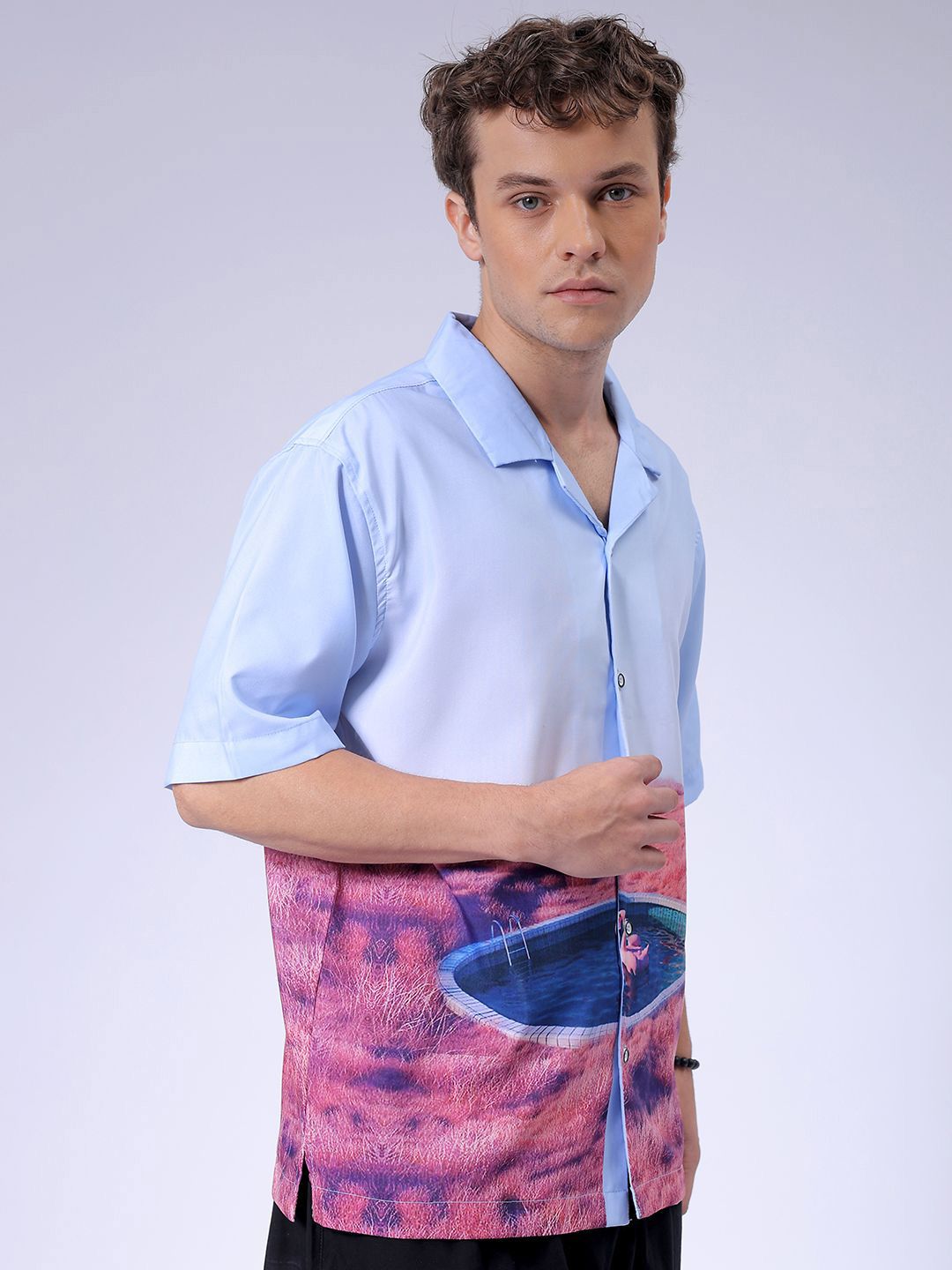 The Indian Garage Co Men Cuban Collar Graphic Printed Oversized Resortwear Shirt