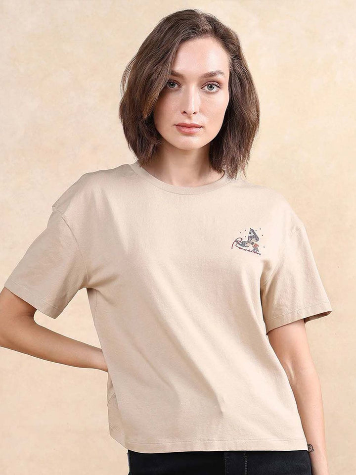 Rareism Wanita Grafik Bercetak Kapas Leher Pusingan T-shirt Santai