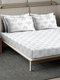 KLOTTHE Off White Printed Flat 400TC Pure Cotton Super King Bedsheet & 4 Pillow Covers