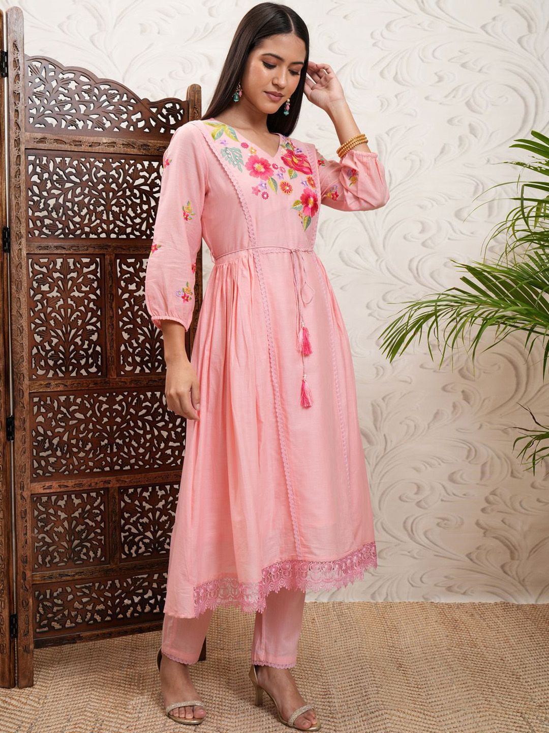 Vishudh Peach Coloured Floral Embroidered V Neck Anarkali Kurta & Trousers With Dupatta