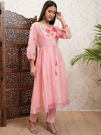 Vishudh Peach Coloured Floral Embroidered V Neck Anarkali Kurta & Trousers With Dupatta