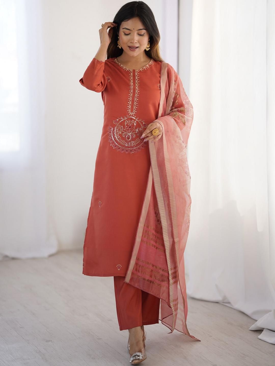 KALINI Women Embroidered Regular Thread Work Kurta with Trousers & With Dupatta
