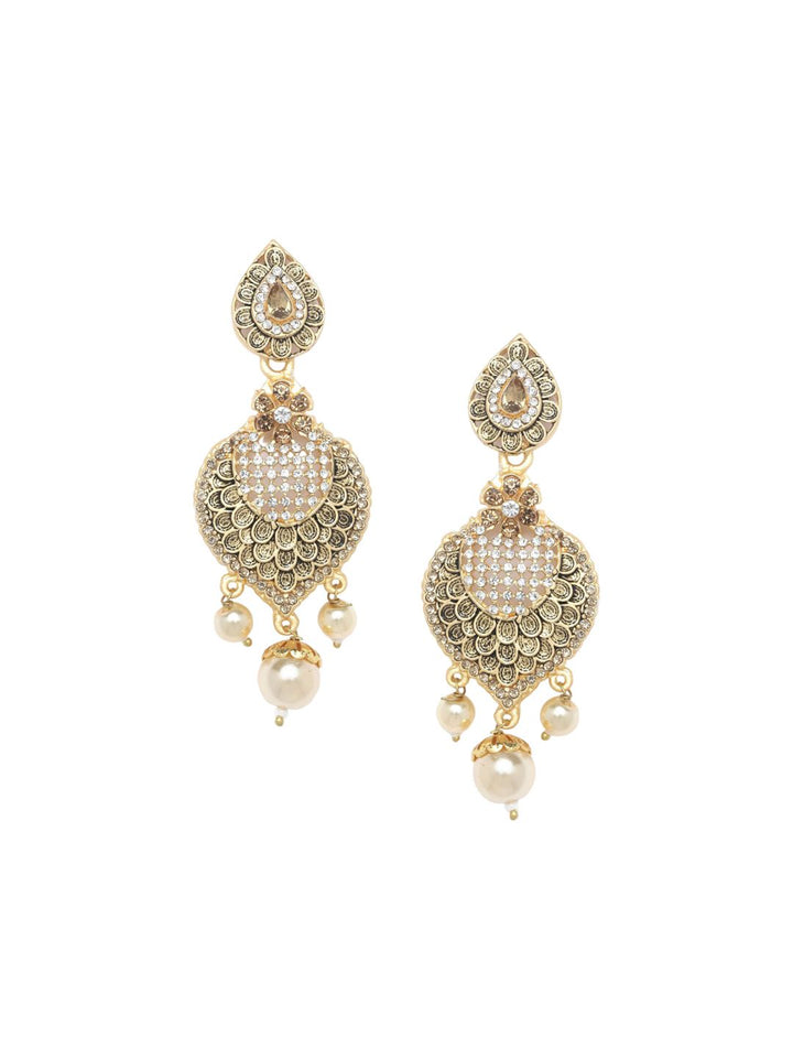 Anouk White Gold-Plated Stone Studded & Beaded Leaf Shaped Drop Earrings
