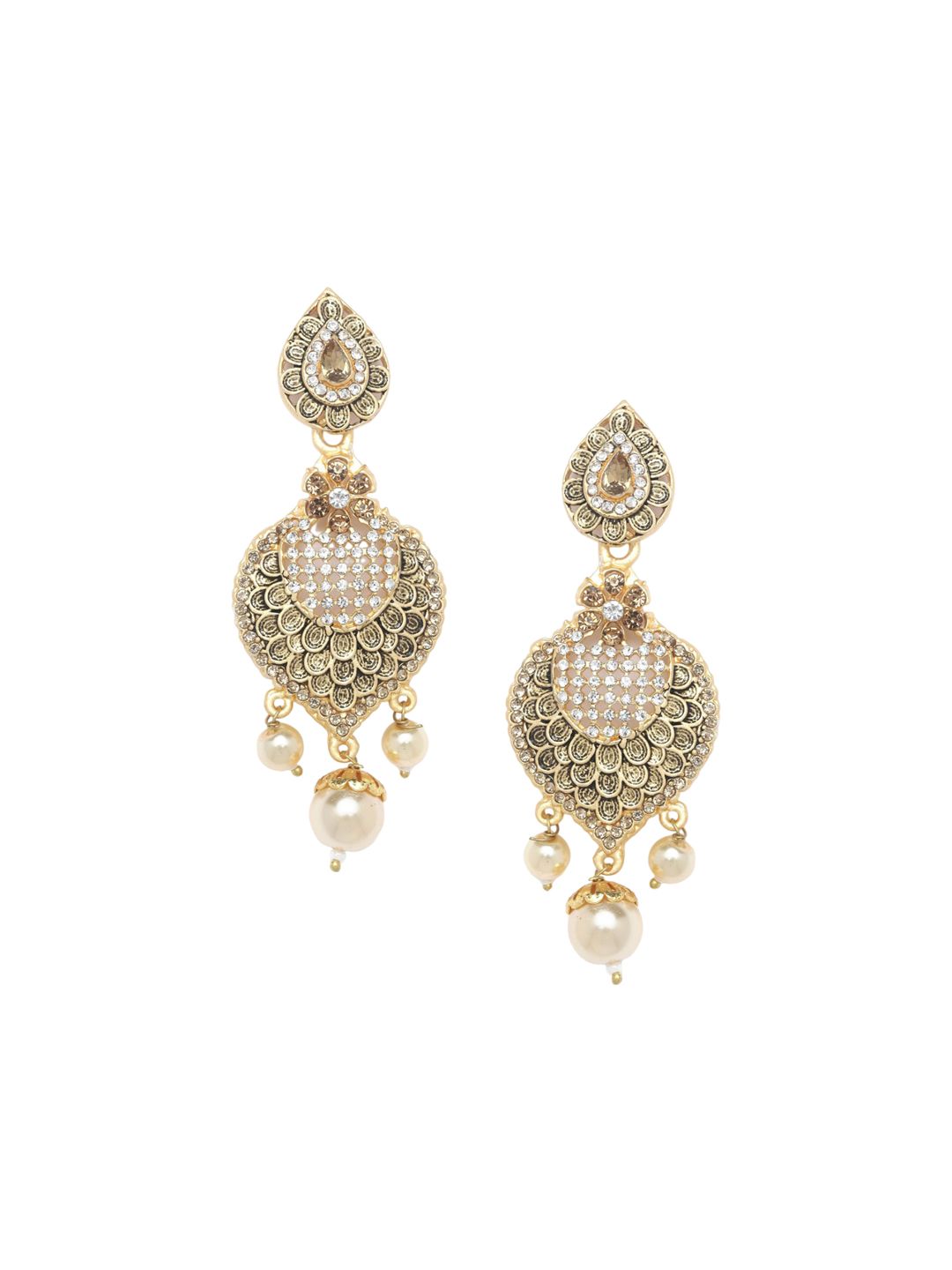 Anouk White Gold-Plated Stone Studded & Beaded Leaf Shaped Drop Earrings