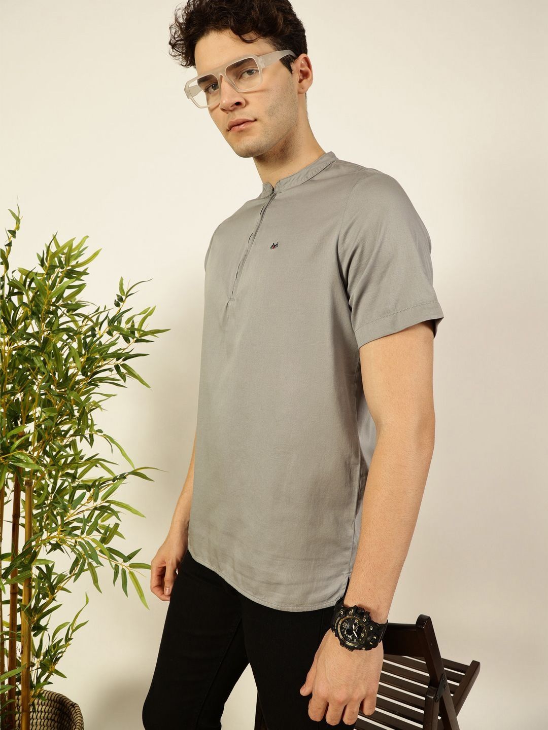 Thomas Scott Men Solid Mandarin Collar Cotton T-Shirt